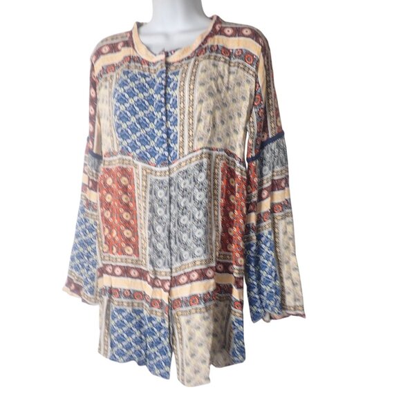 Tigerlily Multicolor Boho Open-Back Long-Sleeve Blouse Size 6 Mini Dress Retro‎ - Picture 2 of 6